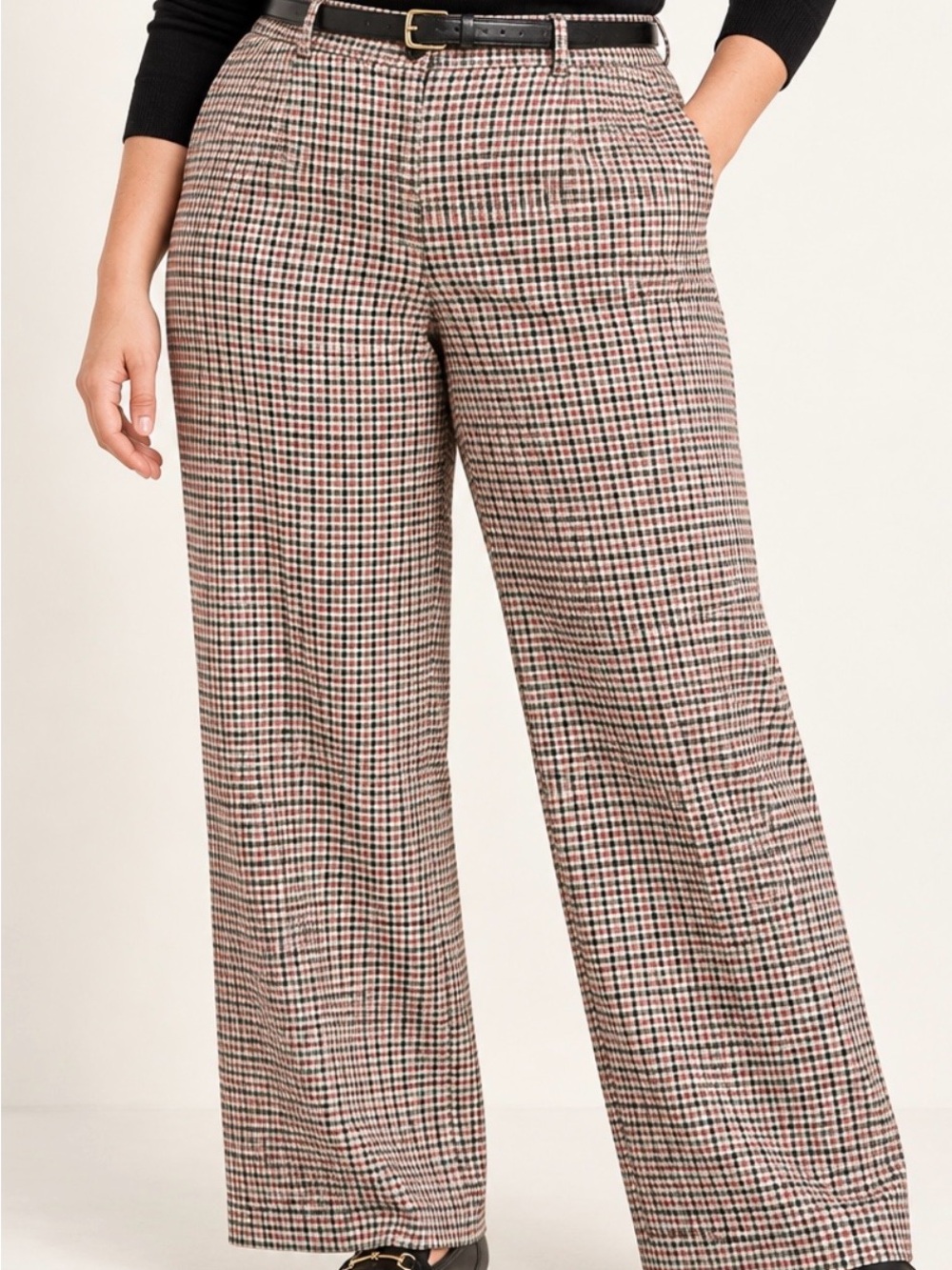 Boden Women’s 16-18R Wide Leg Plaid Check Trousers Burgundy Black Cream